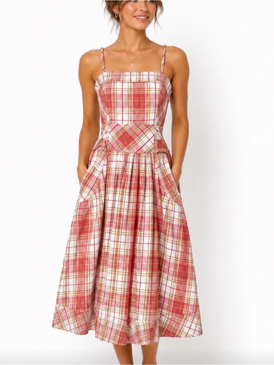 Free People Dresses & Skirts - Free People Pink Plaid Spaghetti-Strap Midi Dress Vintage 100% Cotton